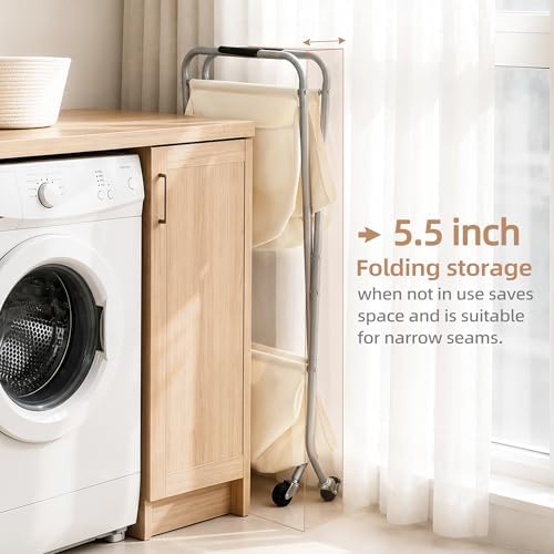 STORAGE MANIAC Collapsible Laundry Cart with Wheels 31.5"H Rolling Laundry Hamper Clothes Basket with Wheels, Canvas Liner Sturdy Steel Frame Folding for Small Narrow Space Easy Storage, Beige - Image 3