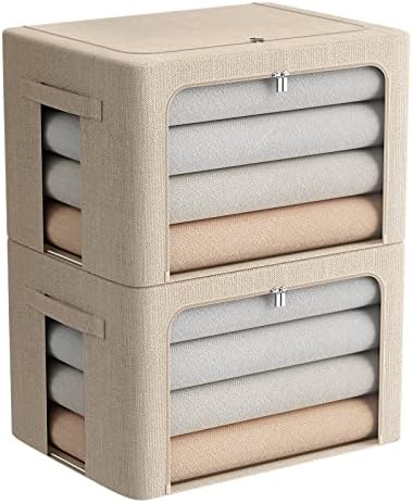 FHSQX 2 Pack Clothes Storage Bins with Metal Frame, Beige, 15.7x11.8x11.7 Inch by FHSQX