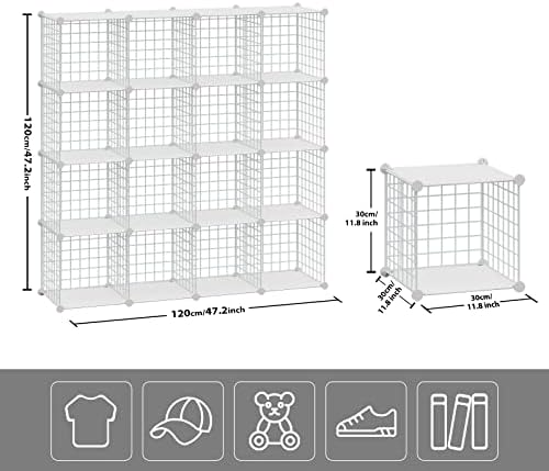 HUBSON Wire Cube Storage Organizer, Book/Toy/Craft/Potted Plants and Pet Closet Organizers, 16-Cube Freely Combinable Metal Grid Storage Shelves, White Plus Iron - Image 3