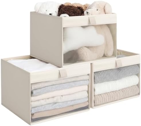 StorageWorks Fabric Storage Bins with Clear Window, Beige, 3-Pack by StorageWorks