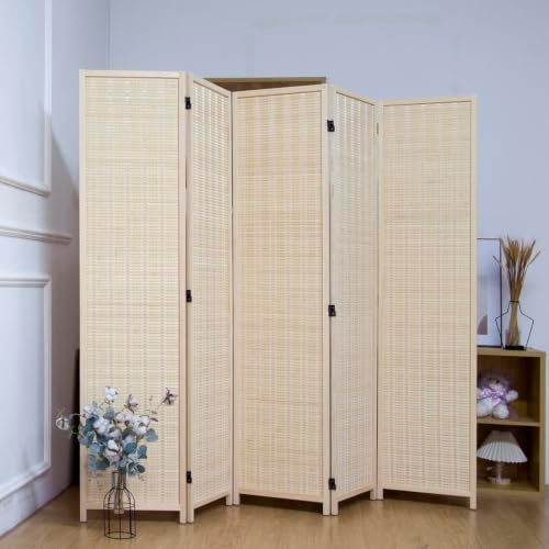 5 Panel Bamboo Room Divider, 5.6 ft Tall Folding Privacy Screen, Freestanding Room Partition Wall in Natural Beige for Home & Office and Room Separation (67" H x 76.8" W) - Image 5