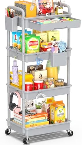 SUNALLY 4 Tier Rolling Cart with Drawer, Craft Storage Cart Organizer, Gray by SUNALLY