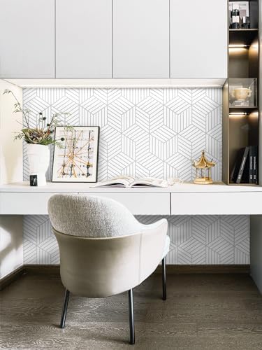 CiCiwind 17.7"x197" Peel and Stick Wallpaper White Silver Wallpaper Geometric Striped Hexagon Contact Paper Removable Self-Adhesive Wallpaper Textured Contact Paper for Bedroom Study Room Walls - Image 2