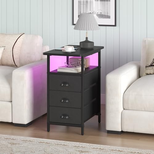 sthmec End Table with Charging Station,LED Side Tables with USB Ports and Outlets,Narrow Nightstands Bedside Tables with 3 Drawers PU Finish for Small Space,Slim Sofa Table for Livingroom,Black - Image 2