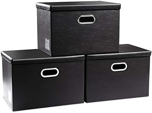 PRANDOM Large Foldable Storage Bins with Lids [3-Pack] Leather Fabric Collapsible Storage Boxes Organizer Containers Baskets Cube with Cover for Home Bedroom Closet Office Black(17.7x11.8x11.8) by Prandom