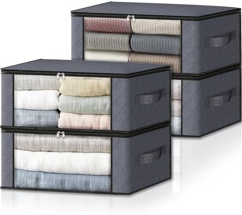 HomeHacks Storage 4-Pack Clothes Organizer Storage Bags Foldable Storage Box with Large Clear Window Sturdy Handles for Closet, Dorm, Pillows, Bedding, Clothes, Stuffed Toys, Blankets, Grey by HomeHacks