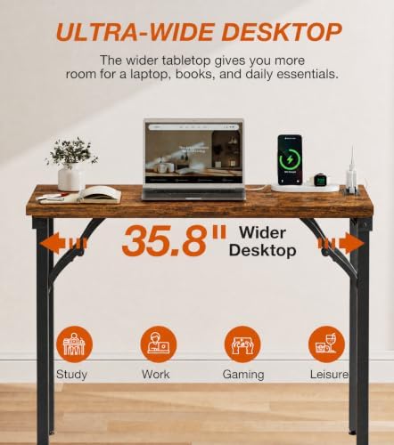 XBurmo Small Folding Desk Folding Table, No Assembly Foldable Desk Gaming Desk, 35.8-Inch Computer Table Workstation with 2 AC Outlets and 2 USB Ports for Bedroom and Home Office, Rustic Brown - Image 7