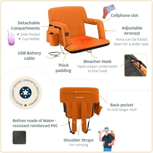 Alpcour Heated Reclining Stadium Seat for Bleachers – Wide Bleacher Chair with Back Support and Cushion, Armrests, Side Pockets, & Hook – Stadium Seats Chairs for Camping, Kayak, Paddle Board & More - Image 5
