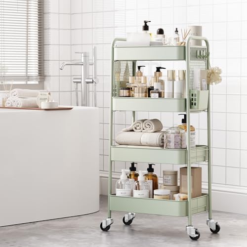 TOOLF 4 Tier Rolling Cart, Metal Utility Storage Cart with Pegboard, Green | 2 Bins & 4 Hooks, Screwless Assembly, Lockable Wheels, Trolley Organizer for Bathroom, Kitchen, Office, Dorm, Craft Room - Image 4
