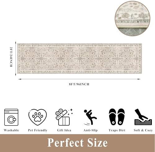2x8ft Kitchen Runners Rugs Non Skid Washable – Boho Floral Stain-Resistant Low-Pile Carpet Runner for Hallway, Bathroom, Bedroom, Entryway (Beige, 2x8) - Image 2