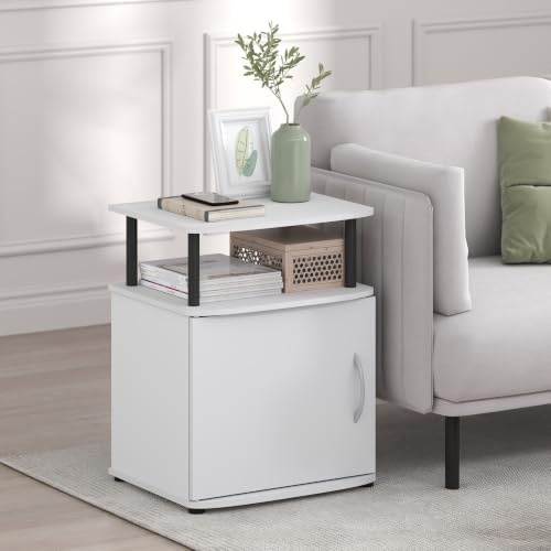 Furinno Jaya Side Table, 2-Tier Open Shelf End Table with Door Cabinet, Soft-Edges Night Stand, Bedside Table, for Living Room, Bedroom, White - Image 2