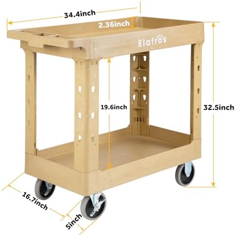 ELAFROS 2-Tier Heavy Duty Rolling Cart, 34 x 17 in, 2 Fixed 2 Swivel, Sand - Image 2