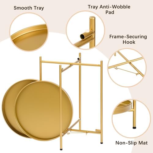 2-Tier Round End Side Table, Small Metal Side Table with Removable Tray, Folding Accent Tables for Living Room, Balcony, Nightstand for Bedroom, Outdoor Tables for Patio, Gold - Image 5