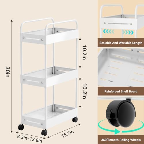 3 Tier Expandable Rolling Storage Cart, Rolling Utility Cart with Wheels - Image 6