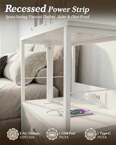 Faesun Swivel Lift Top Nightstand with Charging Station, Rolling Side Table for Recliner, Bedside Table with Wheels & 2 Fabric Drawers, for Small Spaces, for Bedroom, Living Room, White Gray - Image 4