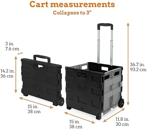 Inspired Living Ultra-Slim Rolling Collapsible Storage Pack-N-Roll Utility-carts, with Telescopic Handle, for Home, Garden, Shopping, Office, School use, Medium, Grey & Black - Image 2
