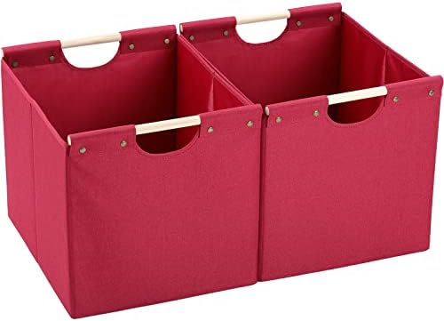 HOONEX Large Collapsible Storage Bins, Linen Fabric, Pack of 2, Storage Baskets with Wooden Carry Handles and Sturdy Heavy Cardboard, for Home, Office, Car, Nursery, Red by HOONEX