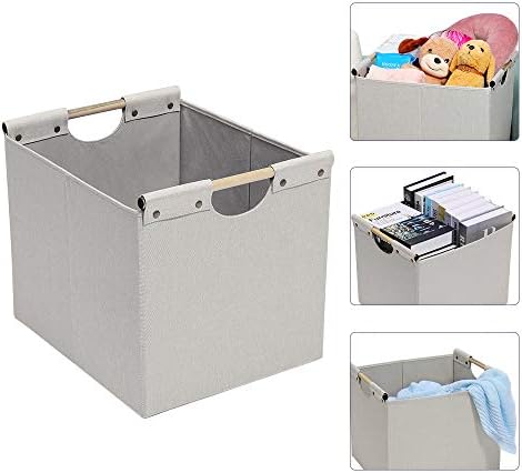 HOONEX Large Foldable Storage Bins, Linen Fabric, 2 Pack, with Wooden Carry Handles and Sturdy Heavy Cardboard, for Home, Office, Car, Nursery, Beige - Image 3