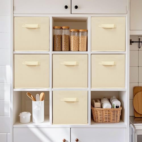 11 Inch Fabric Storage Cubes, Sturdy Foldable Storage Bins, Heavy Duty Cube Organizer for Clothes, Blankets, Shelves, Closets, Bedroom, Living Room, Beige, 3 Pack - Image 5