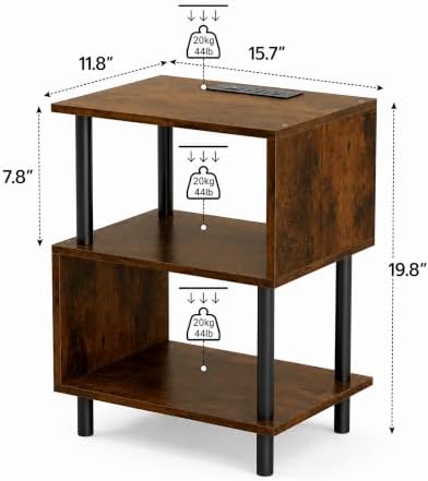 Frylr Side Table, Night Stand and End Table with Power Outlets and USB Ports, Strong Metal Frame, 44lb Capacity per Tier and Leveling Feet for Bedroom, Bedside, Living Room Small Space, Rustic Brown - Image 2