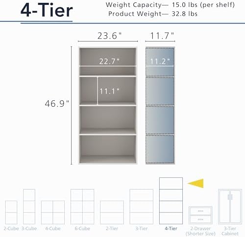 Homes: Inside + Out Apexa 4-Tier Cube Storage Organizer Shelves, Stackable Wood Bookcase Fits Cubby Bins for Organization, Dorm Teen Room Decor & Home Office, Taupe Grey - Image 3