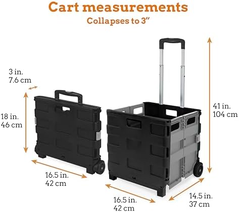 Inspired Living Ultra-Slim Rolling Collapsible Storage Pack-N-Roll Utility-carts, with Telescopic Handle, for Home, Garden, Shopping, Office, School use, Large, Grey & Black - Image 2