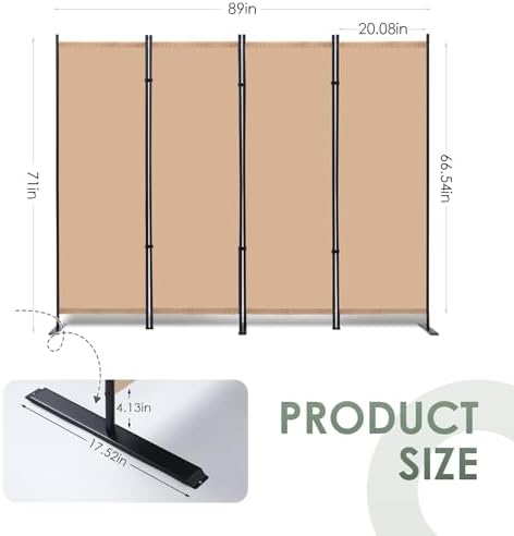RANTILA 4 Panel Room Divider, 6 FT Folding Privacy Screen with Wide Feet, Freestanding Partition for Room Separation, Portable Room Divider Panel, 89" W x 71" H, Beige - Image 3