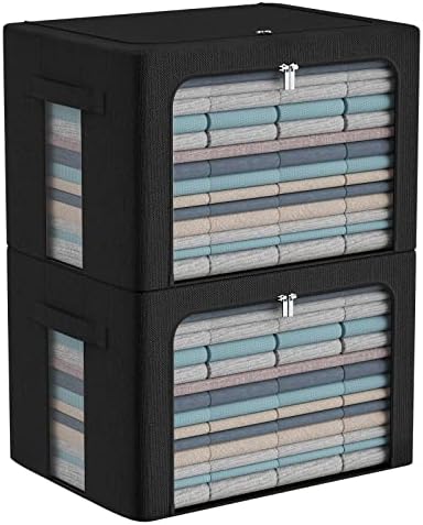 CYhom Extra Large Clothes Storage Bins Box - Linen Fabric Foldable Stackable Container Organizer Set with Clear Window & Carry Handles & Metal Frame (Black, Extra Large-100L) by CYhom