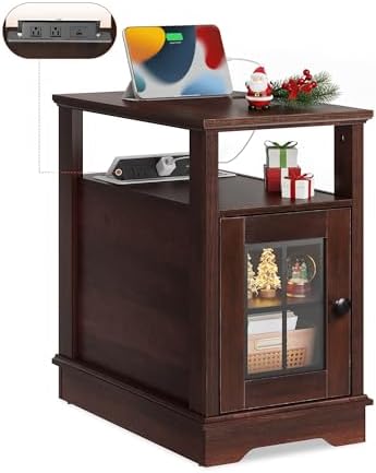 WLIVE Farmhouse End Table with Charging Station, Narrow Side Table with Storage, Small Nightstand with USB Ports and Outlets ，Bedside Cabine for Bedroom, Living Room,Espresso by WLIVE