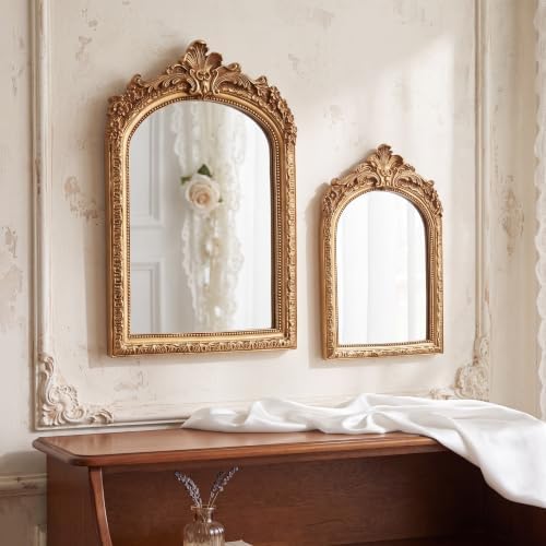 2 Pcs Small Gold Mirror Vintage Decorative Wall Mirror 10 x 6.8 and 8.5 x 6 Inch Desk Makeup Mirrors Antique Hanging Mirrors with Stand for Bedroom Living Room Dresser Victorian Decor by Unknown