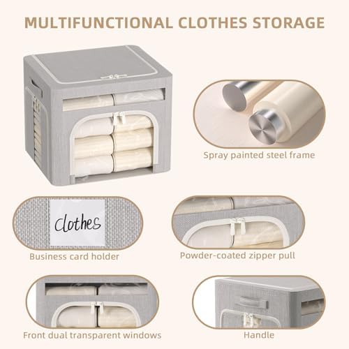 FHSQX 6 Pack Foldable Storage Bins for Clothes Clothes Storage Bins with Metal Frame Stackable Storage Box with Lid (Light Grey, 19.7x15.7x13.8 inch (70L)) - Image 2
