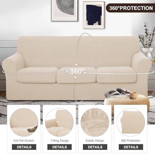 U-NICE HOME 4 Pieces Stretch Couch Cover Sofa Slipcover, Beige - Image 4