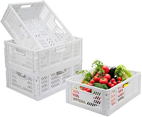 4-Pack Folding Storage Boxes Crate Collapsible Plastic Drawer Organizer , Stackable Shelf Storage Basket Food Fruit Vegetables Bottles Toy Organiser Baskets for Home Office Bedroom Kitchen -White by jocabo