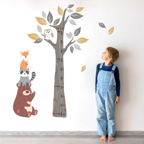 Yovkky Kids Height Chart Wall Decals Stickers, Woodland Animals Tree | Toddler Baby Growth Measurement Nursery Decor, Forest Bear Raccoon Fox Owl Leaves Home Decorations Bedroom Playroom Art by Yovkky
