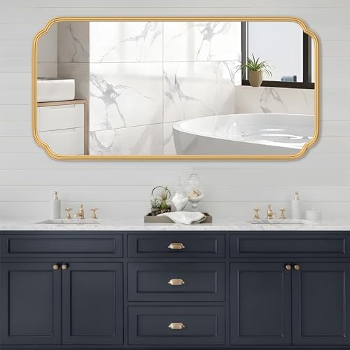 Ferytange Gold Wall Mirror 48 x 24 Inch Bathroom Vanity Mirror for Over Sink Modern Rounded Corner Rectangle Wall Mirror Decorative with Non-Rusting Iron Metal Framed (Horizontal/Vertical) by FerytangeHome