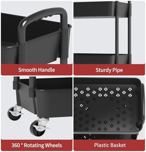 Sywhitta 4-Tier Plastic Rolling Utility Cart with Wheels for Storage, Black - Image 4