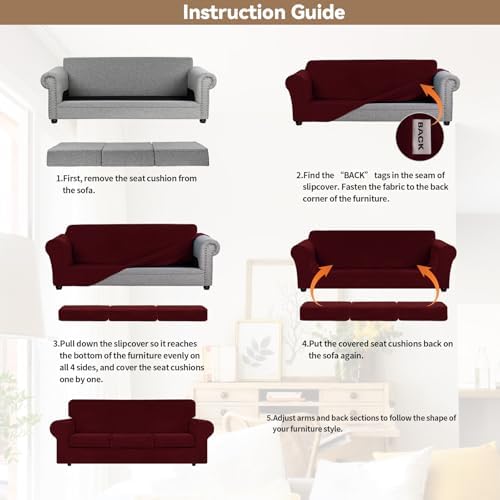 WEERRW 4 Pieces Couch Cover for Sofa Velvet Sofa Covers Washable, Burgundy - Image 6