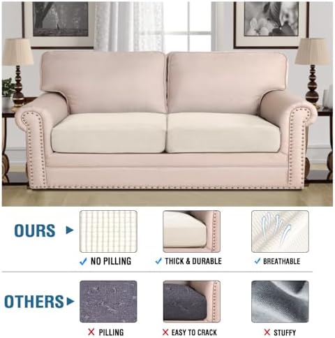 H.VERSAILTEX Super Stretch Individual Seat Cushion Covers Sofa Covers Couch Covers Slipcover Sets Thick Jacquard Textured Twill Fabric (2 Piece Large Sofa Cushion Covers, Natural) - Image 2