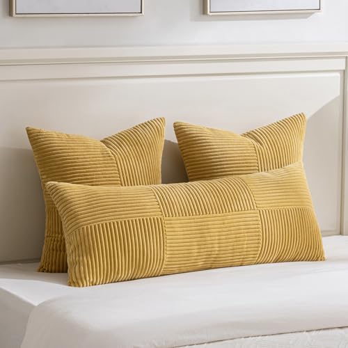 Fancy Homi 2 Packs Mustard Yellow Lumbar Decorative Throw Pillow Covers 16x32 Inch for Living Room Couch Bed, Rustic Farmhouse Boho Home Decor, Soft Striped Corduroy Rectangle Accent Cushion Case - Image 5