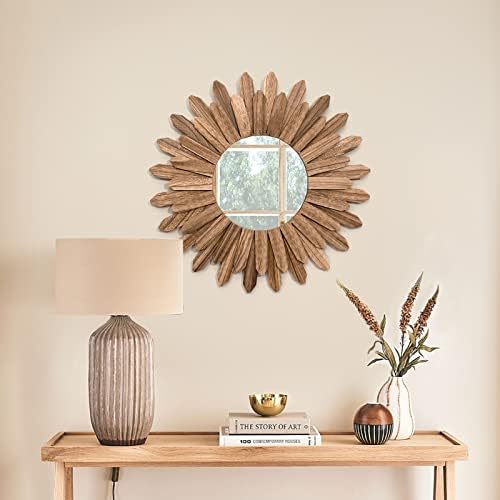 Honiway Mirror Wall Decor 21 inch Rustic Wood Boho Aesthetic Mirror for Room & Home Decor Farmhouse Wall Decor at Living Room Bedroom Carbonized Black - Image 6