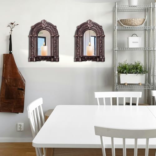 2 Set Vintage Candle Wall Sconce for Home Decor Living Room Bedroom Office Wood Antique Mirrored Victorian Mounted Candlestick Wall Holder Relief Hanging Decor -Brown 11.8in - Image 6