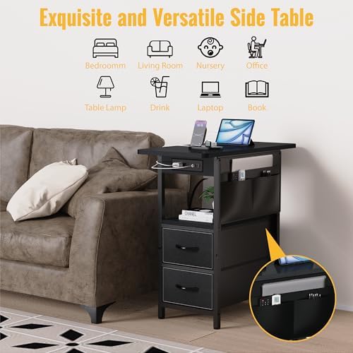Yenlure Small Side Table with Charging Station, Narrow Nightstand Bedside Tables with Storage Pocket for Living Room Bedroom, Sofa End Table with USB Ports and Power Outlets for Small Spaces - Image 5