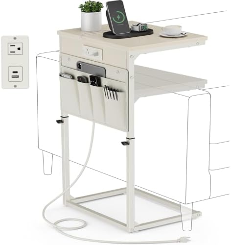 Vagusicc C-Shaped End Table with Charging Station, Small Side Table for Couch, 33" Tall C Table Adjustable Height Side Table, Couch Tables that Slide Under, Sofa Table TV Tray for Living Room, Cream by Vagusicc