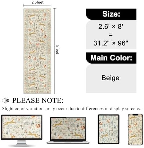 DUKINO 2.6x8 Rug for Hallway, Washable Kitchen Runner Rug Non Slip, Beige - Image 2