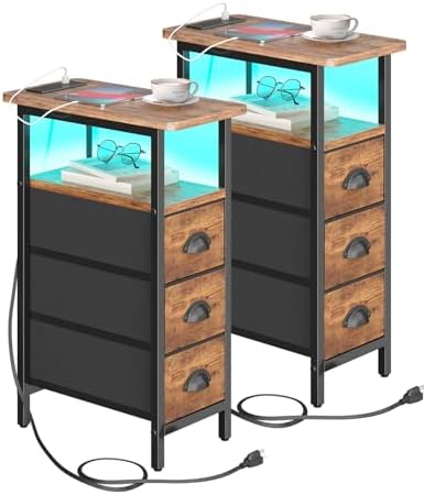 shtmec Narrow End Table Set of 2 with Charging Station, LED Side Tables Set 2 with Fabric Drawers, Small Bedside Tables Nightstands for Small Space, Slim Sofa Couch Table for Livingroom,Rustic Brown by Unknown