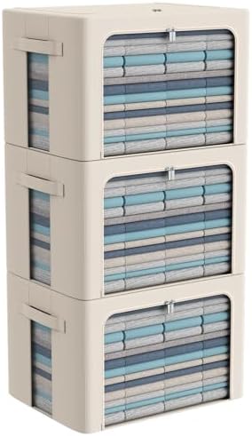 CYhom 3Pack Frame Storage Box - Clothes Storage Bin Bags Oxford Fabric Foldable Stackable Container Organizer Set with Clear Window & Carry Handles Large Capacity (Beige, Large-66L) by CYhom