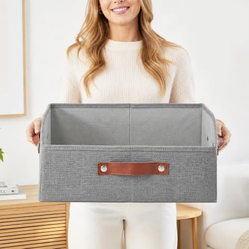 Bagnizer Closet Organizers and Storage, Linen Trapezoid Storage Bins with Handles, Collapsible Shelf Organizer for Blanket, Towel, Clothes, Hats, Purse (Gray) - Image 5