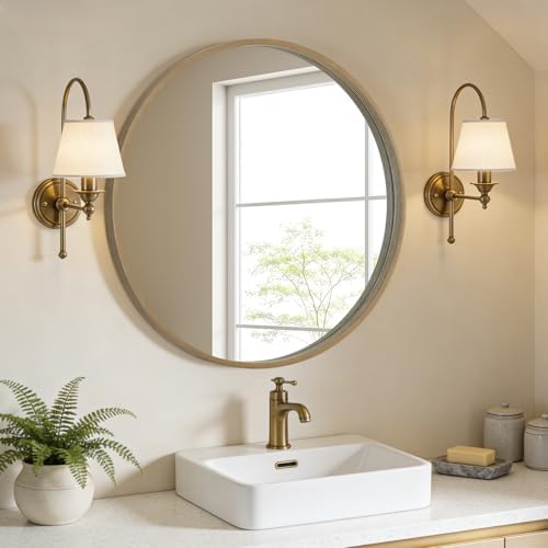 WallBeyond Round Wood Mirror, 32" Round Modern Decoration Large Circle Wall Mirror for Bathroom Living Room Bedroom Entryway, Honey - Image 2