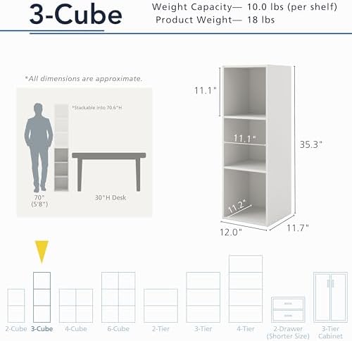 Homes: Inside + Out Apexa 3-Cube Storage Organizer Shelves, Stackable Wood Bookcase Fits Cubby Bins for Organization, Dorm Teen Room Decor & Home Office, Light Pink - Image 3