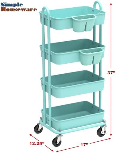 Simple Houseware 4-Tier Rolling Utility Cart with Hanging Bucket, Turquoise - Image 5